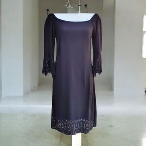 Roz & Ali Black Dress Lacey Sleeves and Hem On or Off Shoulder Small